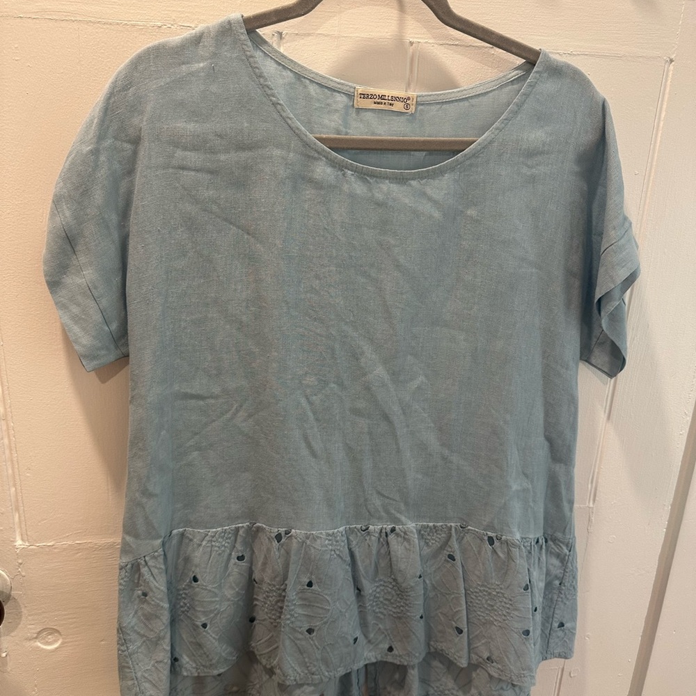 Casual Light Blue Ruffle Hem Blouse